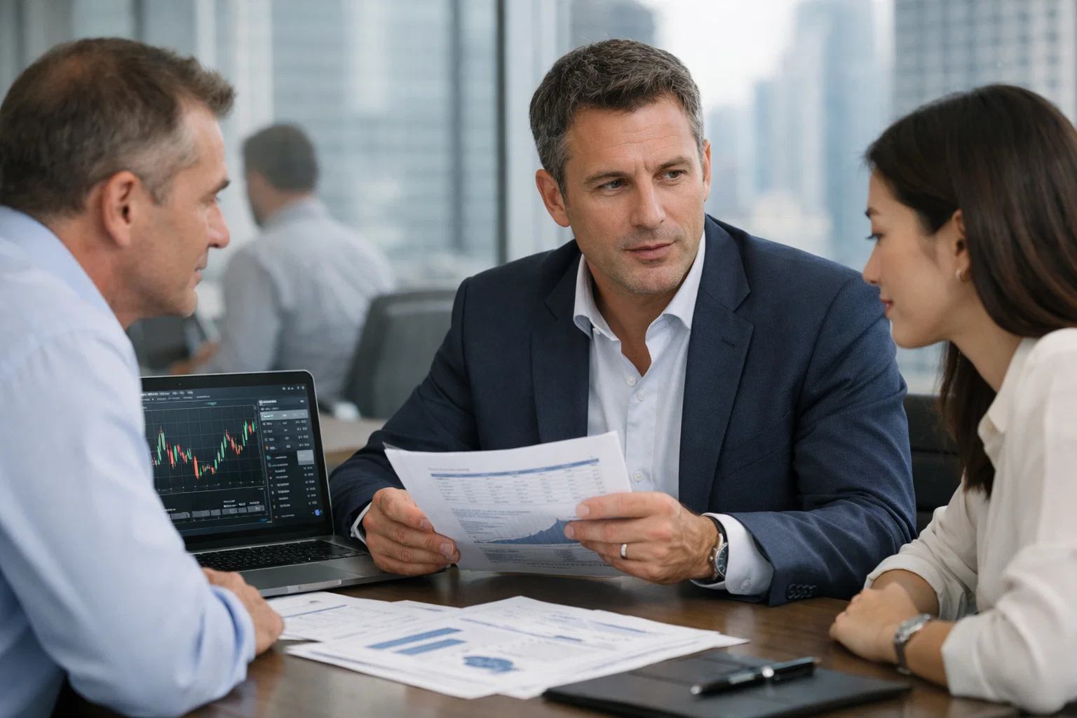 Broker advisor trading review with documents and chart analysis.