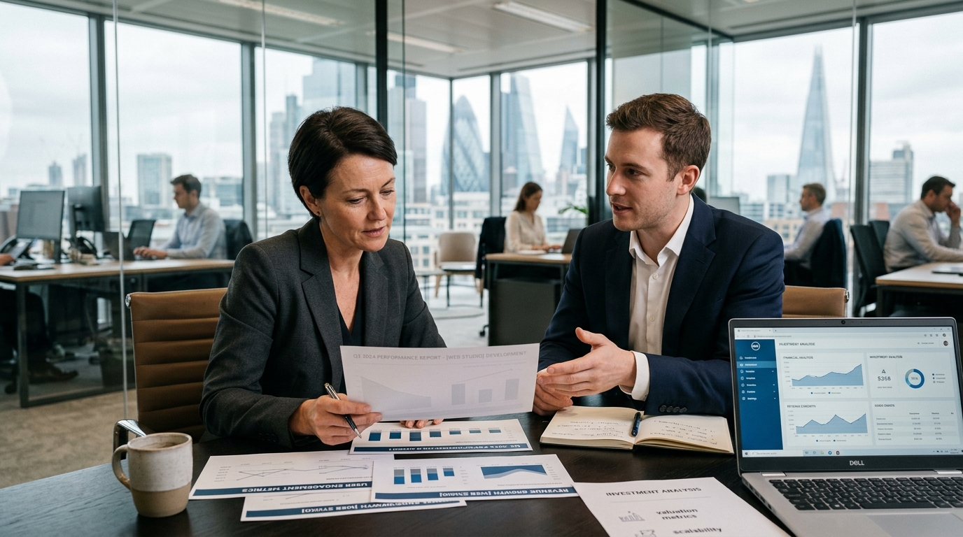 Capital markets advisor presenting digital agency investment pitch with financial prospectus to institutional clients.