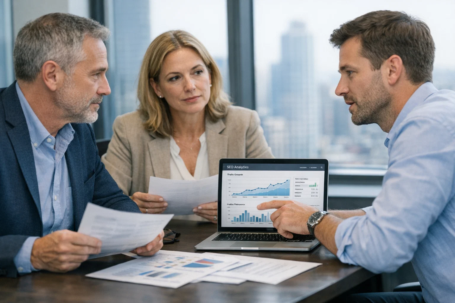 SEO agency client analytics meeting with reports, charts, and laptop dashboard.